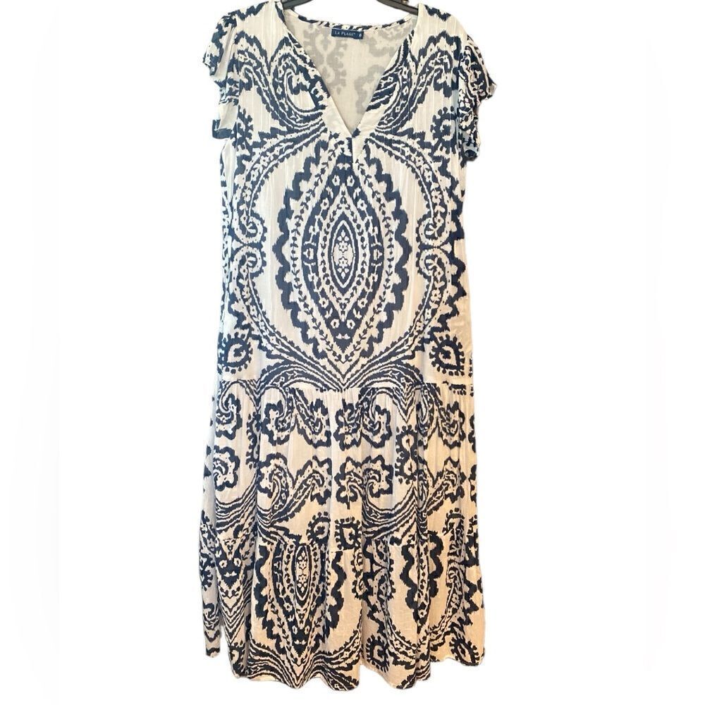 La Plage Sz XS* Navy Blue White Boho Bali Cotton Flowy Lined Summer Pocket Dress
